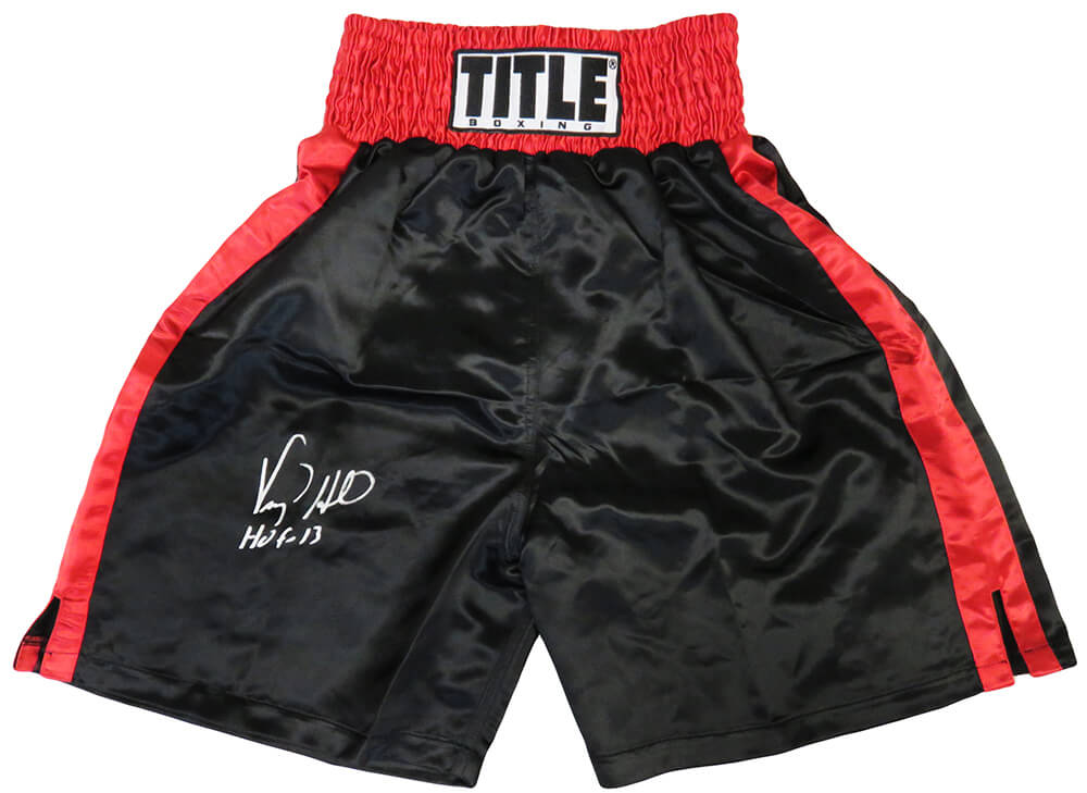 Picture of Schwartz Sports Memorabilia HILTRU501 Virgil Hill Signed Title with Trim Boxing Trunks with HOF 13Inscription&#44; Black & Red