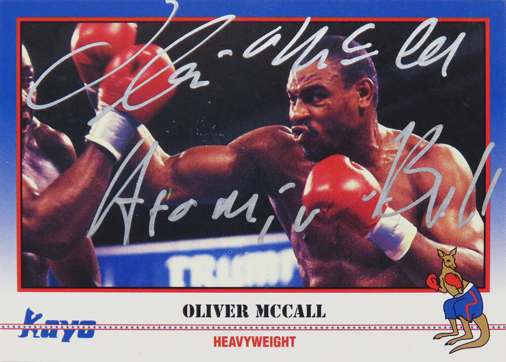Picture of Schwartz Sports Memorabilia MCCCAR501 Oliver McCall Signed 1991 Kayo Boxing No.182 Trading Card with Atomic Bull Inscription