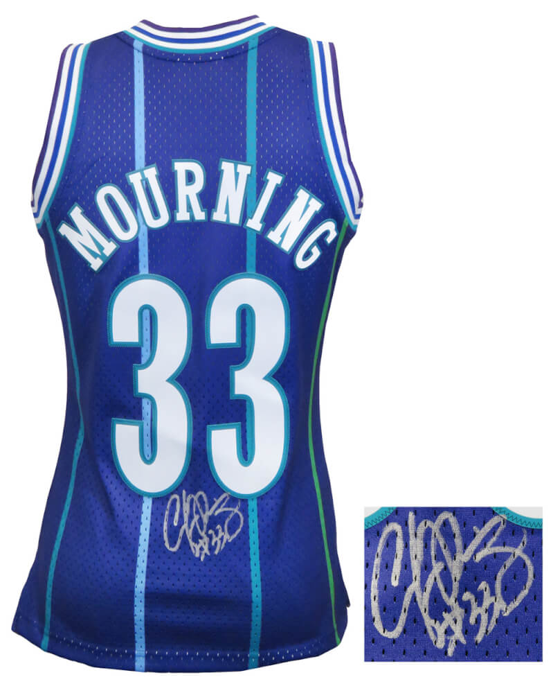 Picture of Schwartz Sports Memorabilia MOUJRY202 Alonzo Mourning Signed Charlotte Hornets Throwback 1994 M&N Swingman Basketball Jersey&#44; Purple