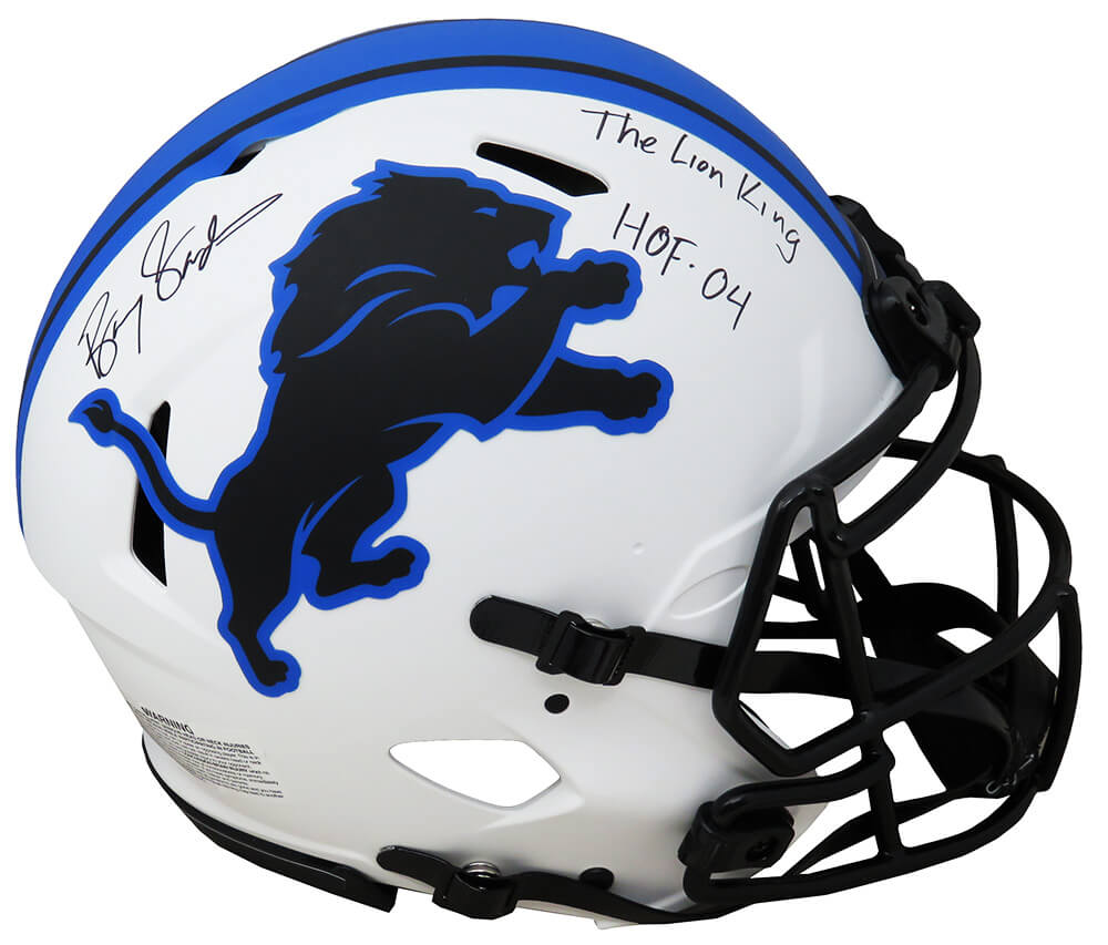 Barry Sanders Signed Detroit Lions Lunar Eclipse Riddell Speed Authentic NCAA Helmet with HOF 04 & The Lion King Inscription, Matte White