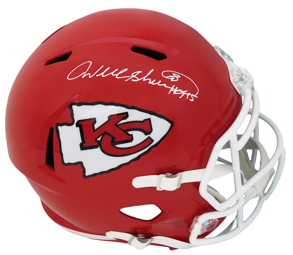 SHIREP303 Will Shields Signed Kanas City Chiefs Riddell Full Size Speed Replica NFL Helmet with HOF 15 Inscription