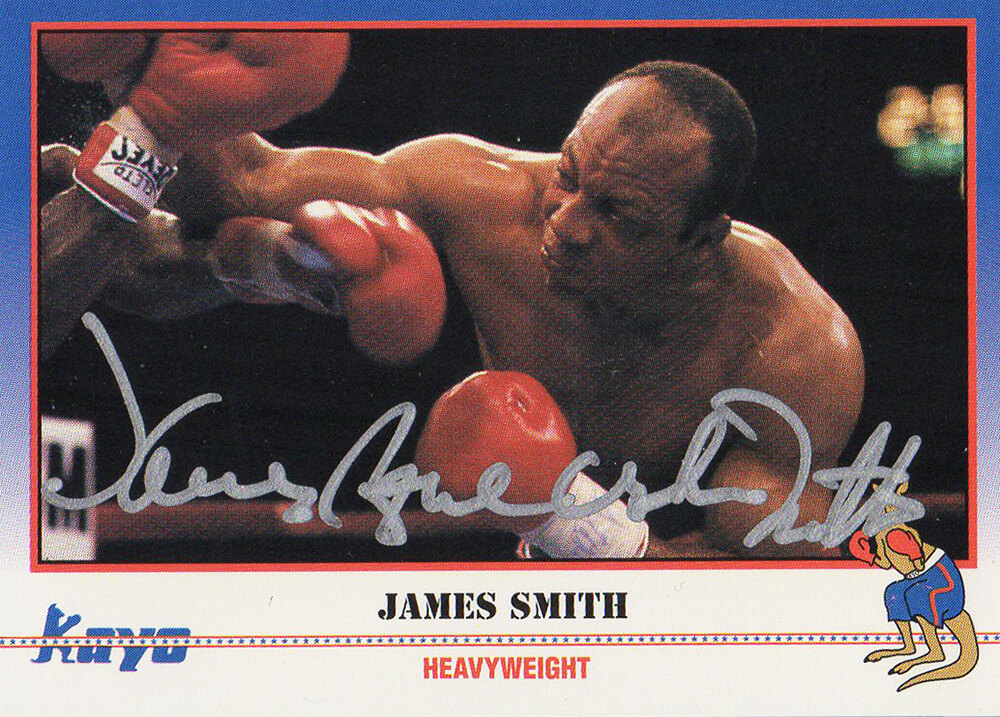 Picture of Schwartz Sports Memorabilia SMICAR500 James Smith Signed 1991 Kayo Boxing Trading No.110 Card with Bonecrusher Inscription