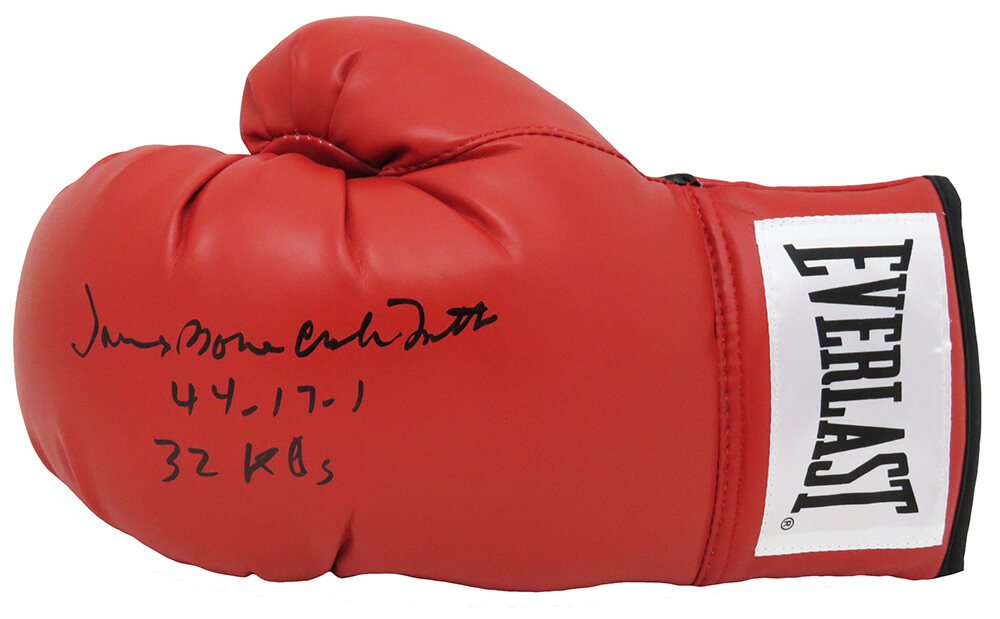 Picture of Schwartz Sports Memorabilia SMIGLV503 James Bonecrusher Smith Signed Everlast Boxing Glove with 44-17-1 & 32 Kos Inscription&#44; Red