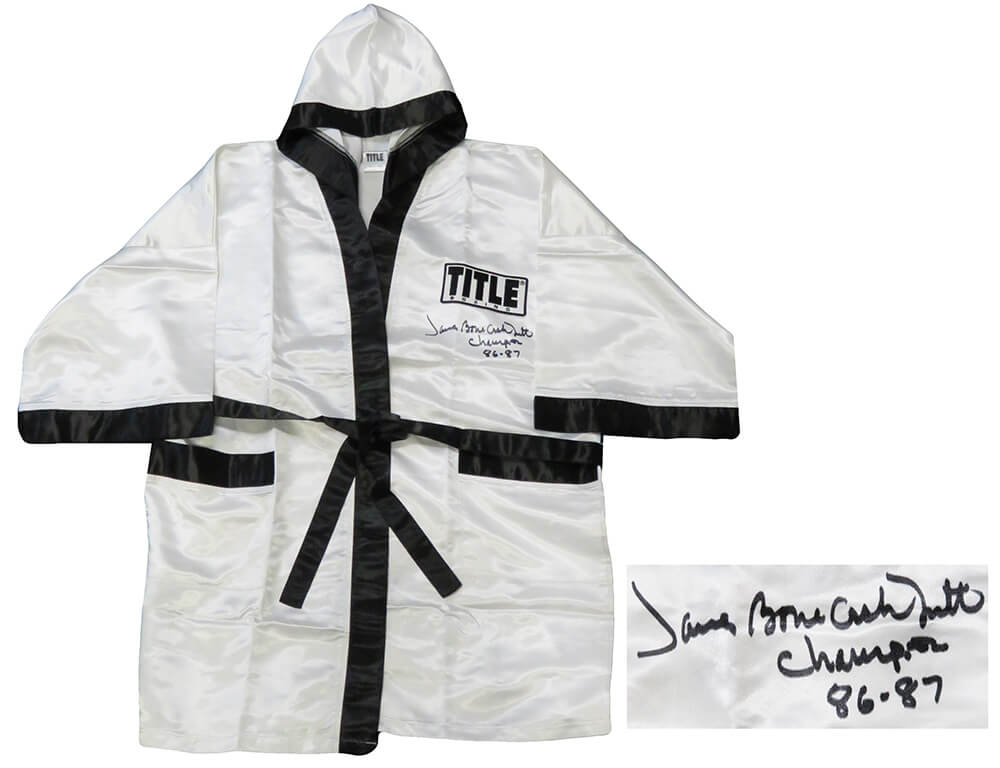 SMIROB500 James Smith Signed Title White Full Length Boxing Robe with Bonecrusher, Champs ions 1986-1987 Inscription