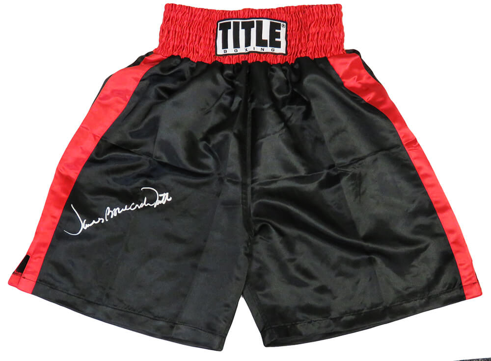SMITRU501 James Smith Signed Title with Trim Boxing Trunks with Bonecrusher Inscription, Black & Red