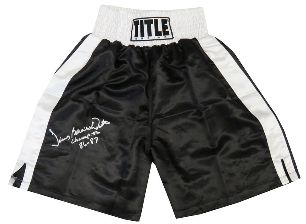 SMITRU502 James Smith Signed Title Black with White Trim Boxing Trunks with Bonecrusher, Champion 1986-1987 Inscription