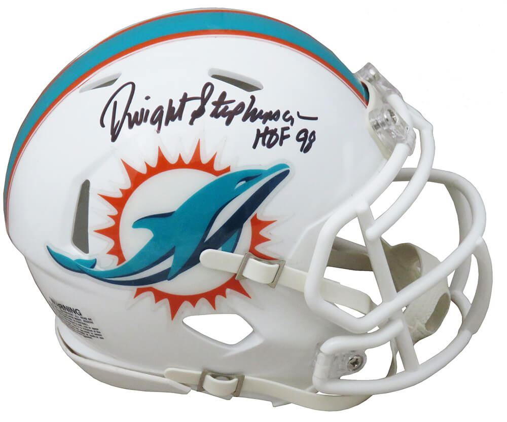 STEMIN324 Dwight Stephenson Signed Miami Dolphins Riddell Speed NFL Mini Helmet with HOF 98 Inscription