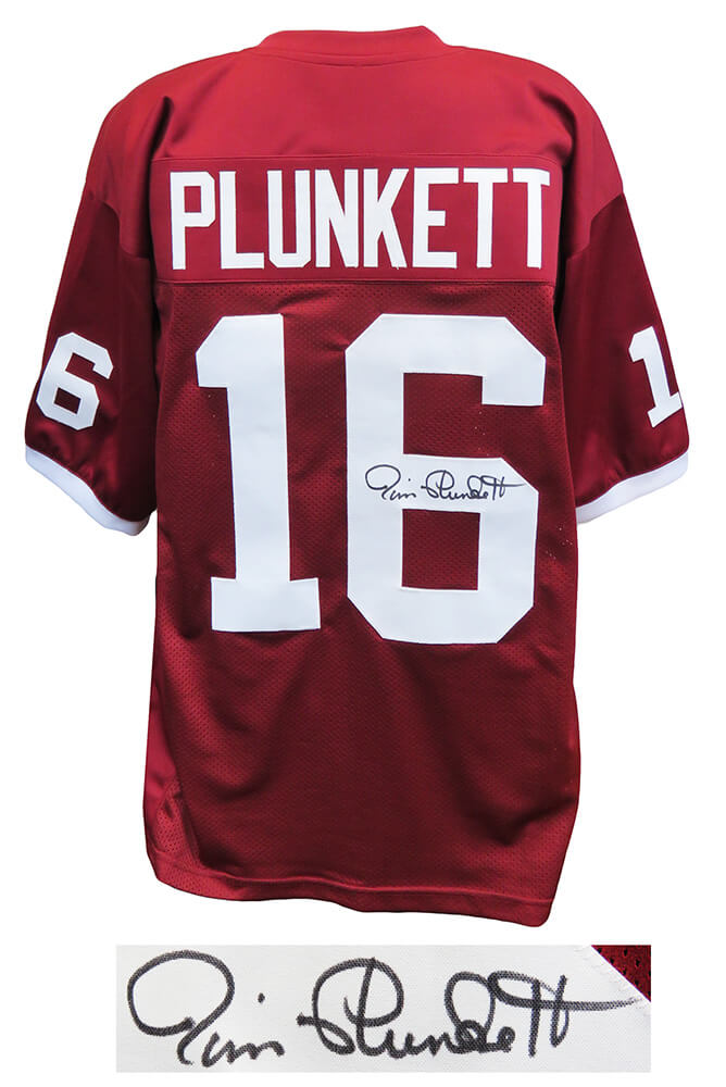 Picture of Schwartz Sports Memorabilia PLUJRY308 Jim Plunkett Signed Red Throwback Custom Football Jersey