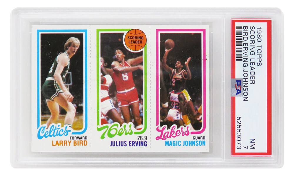 PS2BJ80T1 Larry Bird Magic Johnson & Julius Erving 1980 Topps Scoring Leader RC Card for PSA 7 NM