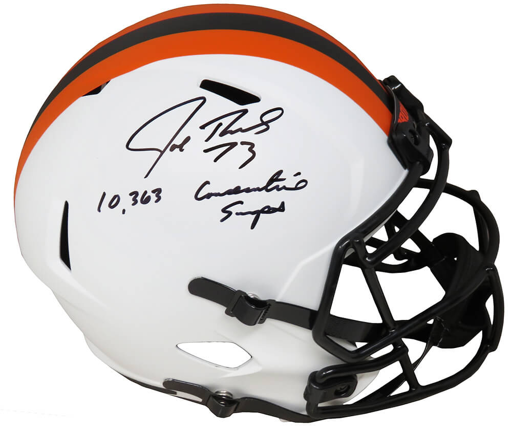 THOREP338 NFL Joe Thomas Signed Cleveland Browns Lunar Eclipse White Matte Riddell Full Size Speed Replica Helmet with 10,363 Consecutive Snaps