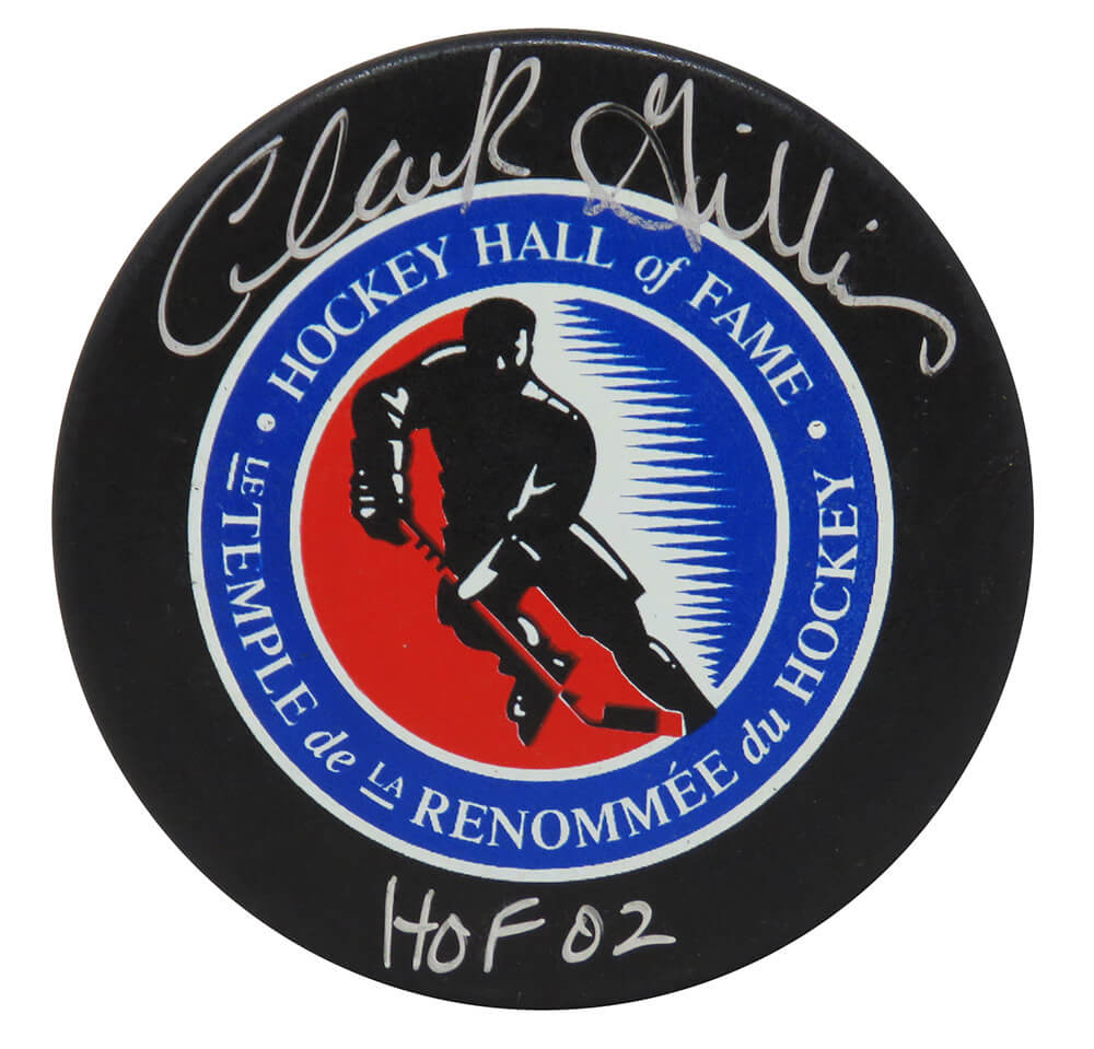 Picture of Schwartz Sports Memorabilia GILPUC402 Clark Gillies Signed Hall of Fame Logo Hockey Puck with HOF02