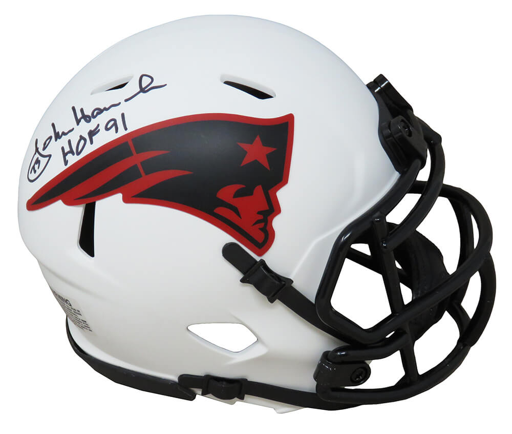 HANMIN306 John Hannah Signed New England Patriots Lunar Eclips Riddell Speed Mini Helmet with HOF-91, White Matte