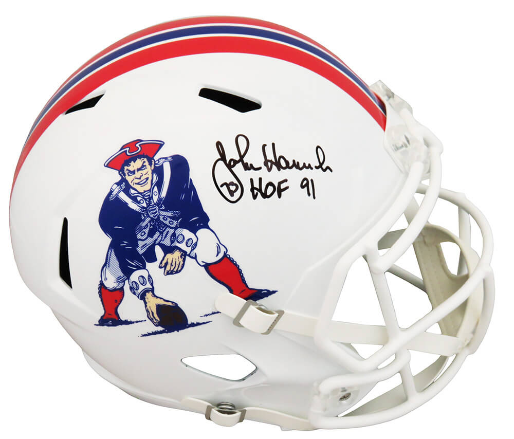 HANREP302 John Hannah Signed New England Patriots Throwback Riddell Speed Replica Helmet with HOF-91 - Full Size