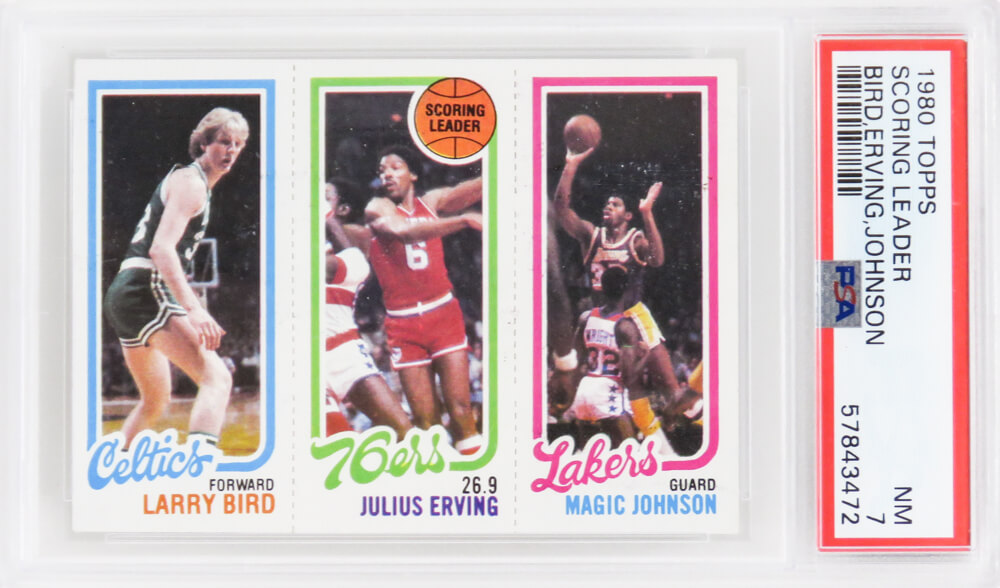 PS2BJ80T3 Larry Bird, Magic Johnson & Julius Erving 1980 Topps Scoring Leader RC Card - PSA 7 NM - New Label - C