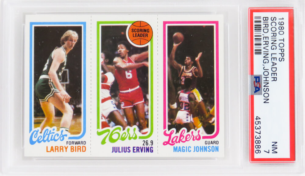 PS2BJ80T4 Larry Bird, Magic Johnson & Julius Erving 1980 Topps Scoring Leader RC Card - PSA 7 NM - PWCC Top 30 Percent Eye Appeal - D
