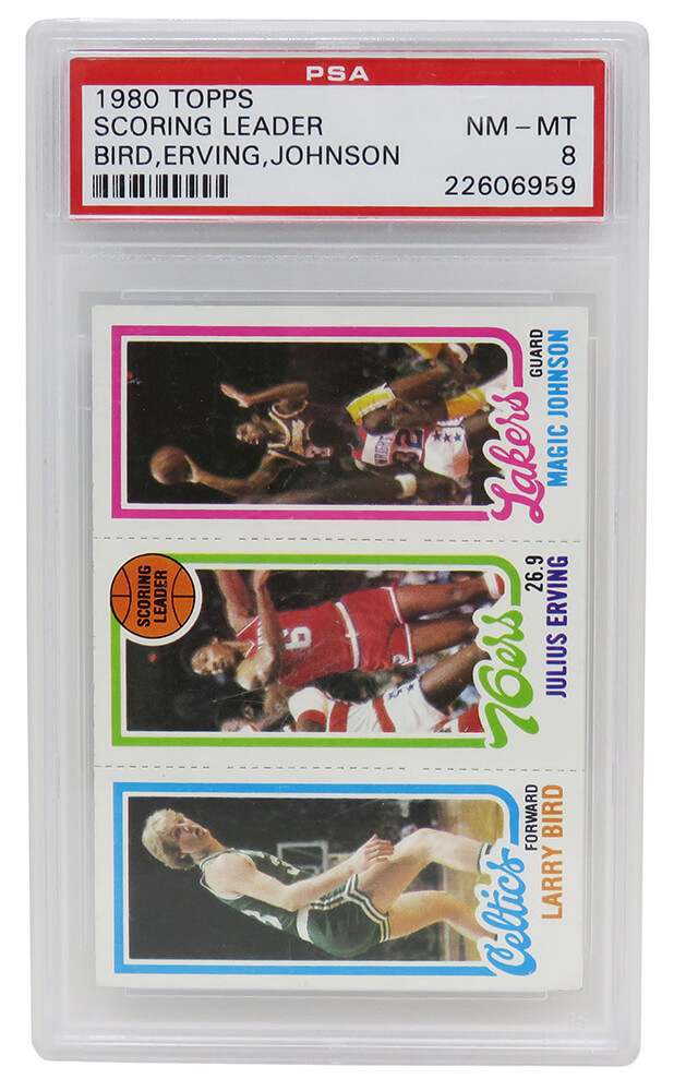 PS2BJ80T6 Larry Bird, Magic Johnson & Julius Erving 1980 Topps Scoring Leader Rookie Card, PSA 8 NM-MT