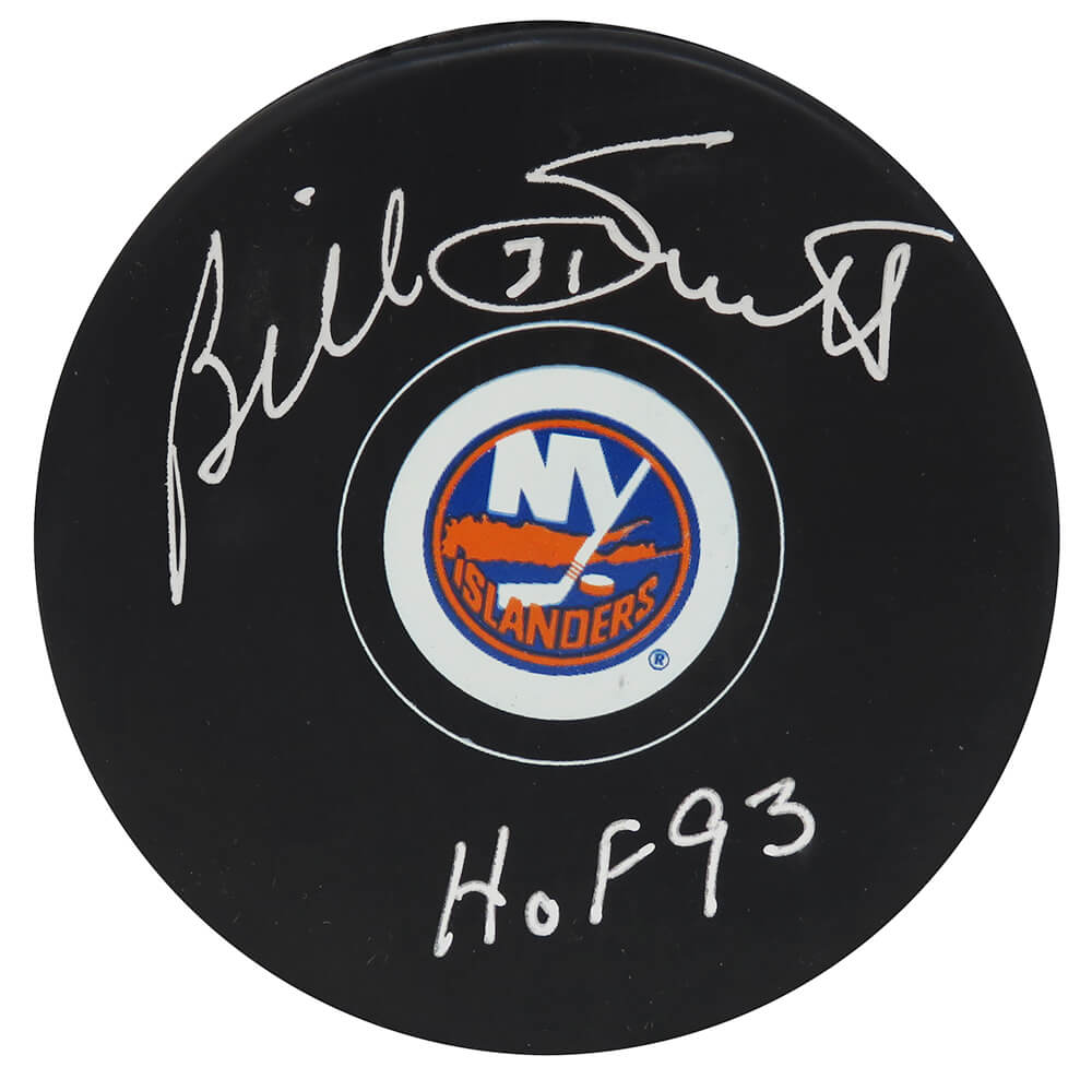 SMIPUC412 Billy Smith Signed New York Islanders Logo Hockey Puck, HOF93 Inscription