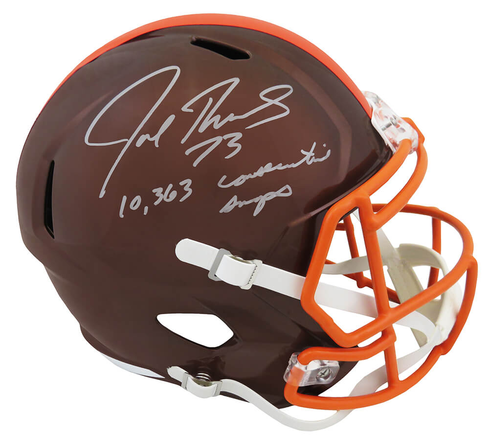 Picture of Schwartz Sports Memorabilia THOREP340 Joe Thomas Signed Cleveland Browns Flash Riddell Full Size Speed Replica Helmet&#44; 10363 Consecutive Snaps Inscription
