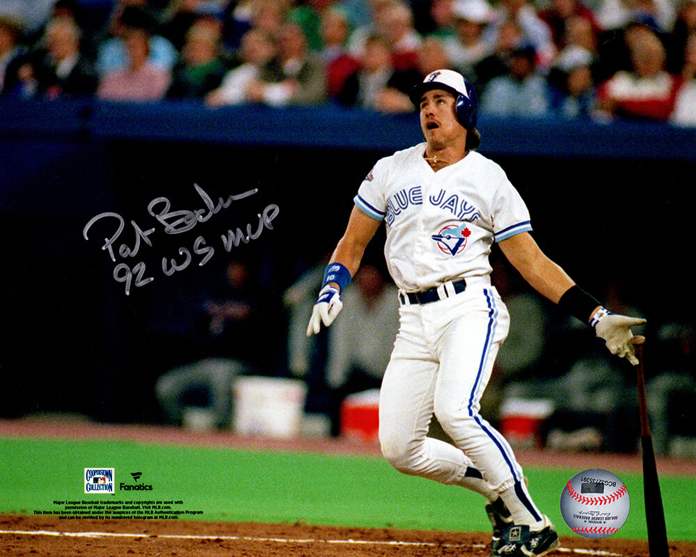 BOR08P100 8 x 10 in. Pat Borders Signed Toronto Blue Jays 1992 World Series Batting Action Photo, 92 WS MVP Inscription -  Schwartz Sports Memorabilia
