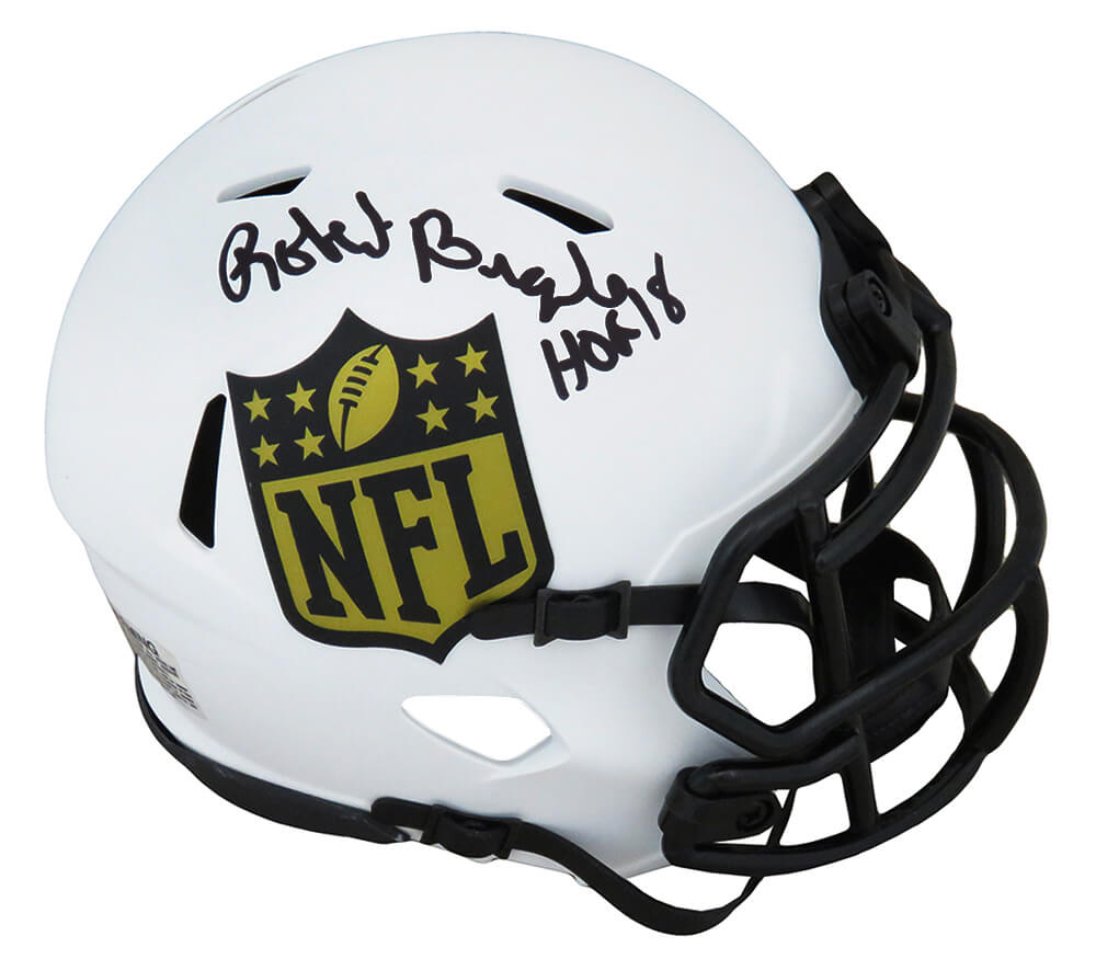 Picture of Schwartz Sports Memorabilia BRAMIN343 Robert Brazile Signed NFL Shield Logo Lunar Eclipse Matte Riddell Speed Mini Helmet&#44; White - HOF18 Inscription