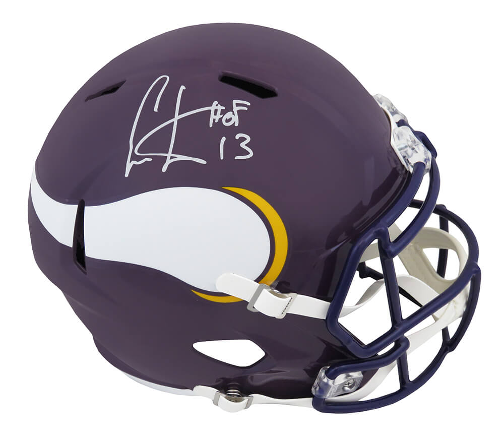 Picture of Schwartz Sports Memorabilia CARREP320 Cris Carter Signed Minnesota Vikings Throwback Riddell Full Size Speed Replica Helmet, HOF13 Inscription