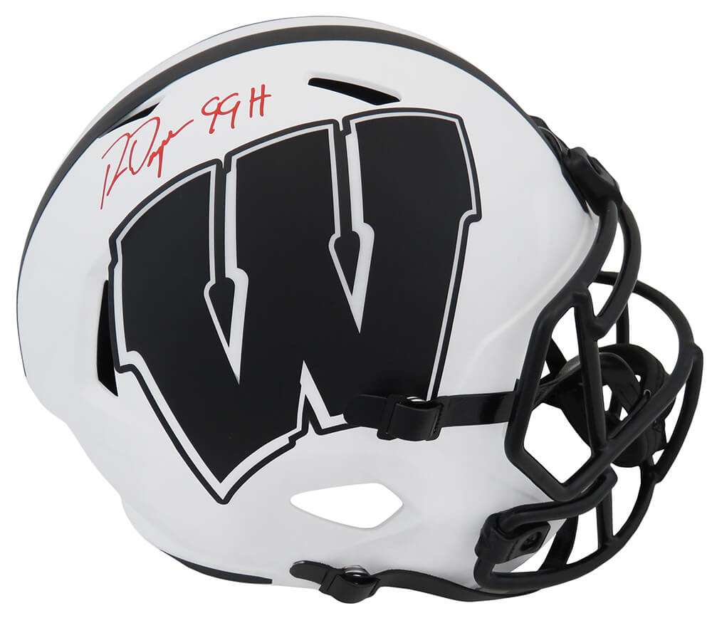 Picture of Schwartz Sports Memorabilia DAYREP305 Ron Dayne Signed Wisconsin Badgers Lunar Eclipse Matte Riddell Full Size Speed Replica Helmet&#44; White - 99H Inscription