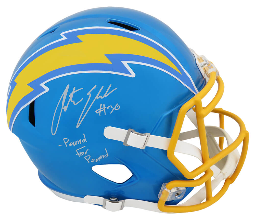 Picture of Schwartz Sports Memorabilia EKEREP309 Austin Ekeler Signed Los Angeles Chargers Flash Riddell Full Size Speed Replica Helmet&#44; Pound for Pound Inscription