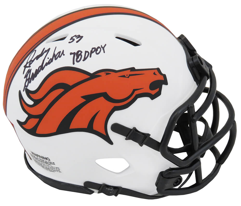 Picture of Schwartz Sports Memorabilia GRAMIN318 Randy Gradishar Signed Denver Broncos Lunar Eclipse Matte Riddell Speed Mini Helmet&#44; White - 78 DPOY Inscription