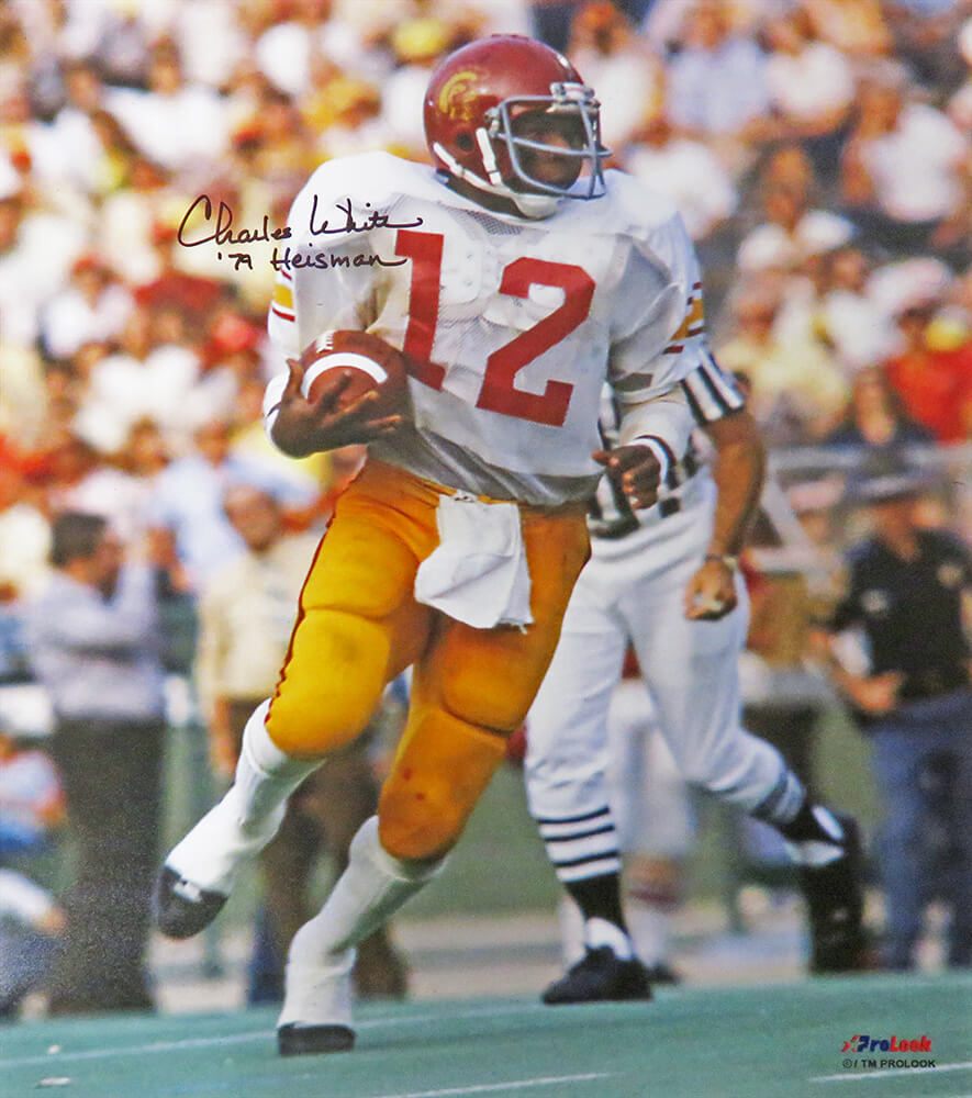 Picture of Schwartz Sports Memorabilia WHI16P311 NCAA Charles White Signed USC Trojans White Jersey Action 16 x 20 in. Photo with 79 Heisman