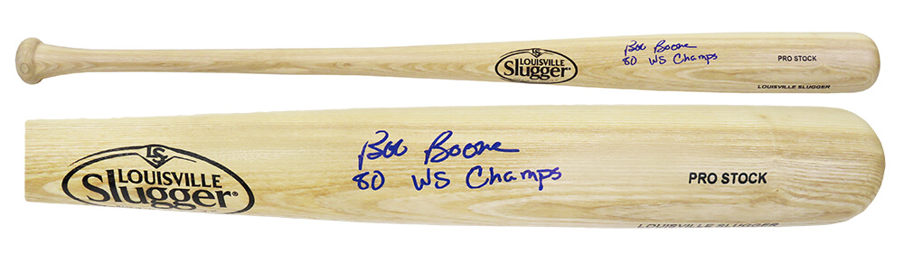 Picture of Schwartz Sports Memorabilia BOOBAT101 MLB Bob Boone Signed Louisville Slugger Pro Stock Blonde Baseball Bat with 80 WS Champs