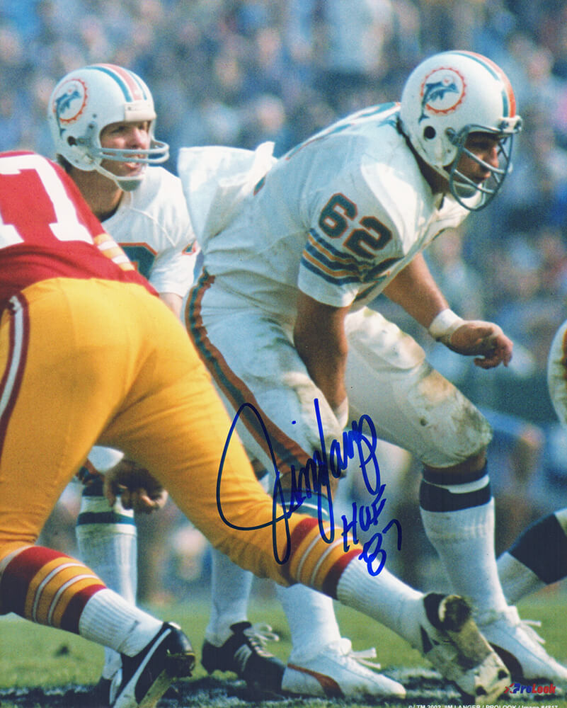LAN08P300 NFL Jim Langer Signed Miami Dolphins Snapping Action 8 x 10 in. Photo with HOF 87 -  Schwartz Sports Memorabilia