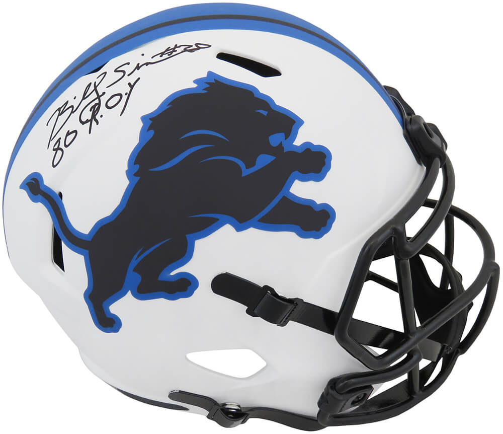 Picture of Schwartz Sports Memorabilia SIMREP350 Billy Sims Signed Detroit Lions Lunar Eclipse White Matte Riddell Full Size Speed Replica Helmet with 80 ROY