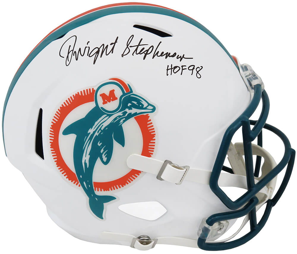 STEREP324 NFL Dwight Stephenson Signed Miami Dolphins Throwback Riddell Full Size Speed Replica Helmet with HOF 98