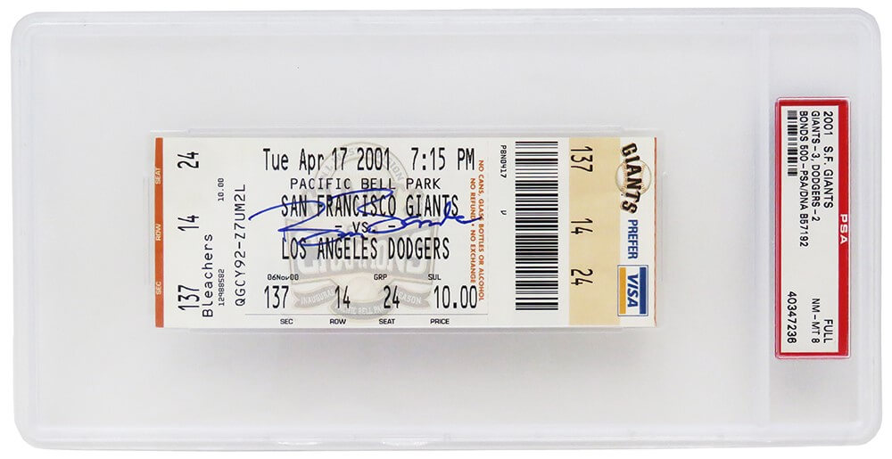 BONTIC100 Barry Bonds Signed San Francisco Giants VS Los Angeles Dodgers April 17, 2001 Ticket Stub Bonds 500th HR Game - PSA & NM-MT 8