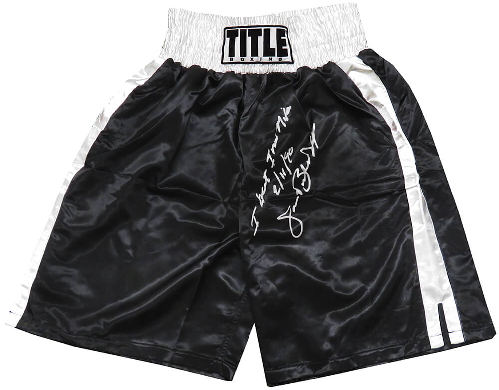 DOUTRU506 James Buster Douglas Signed Title Black & White Trim Boxing Trunks with I Beat Iron Mike 2-11-90