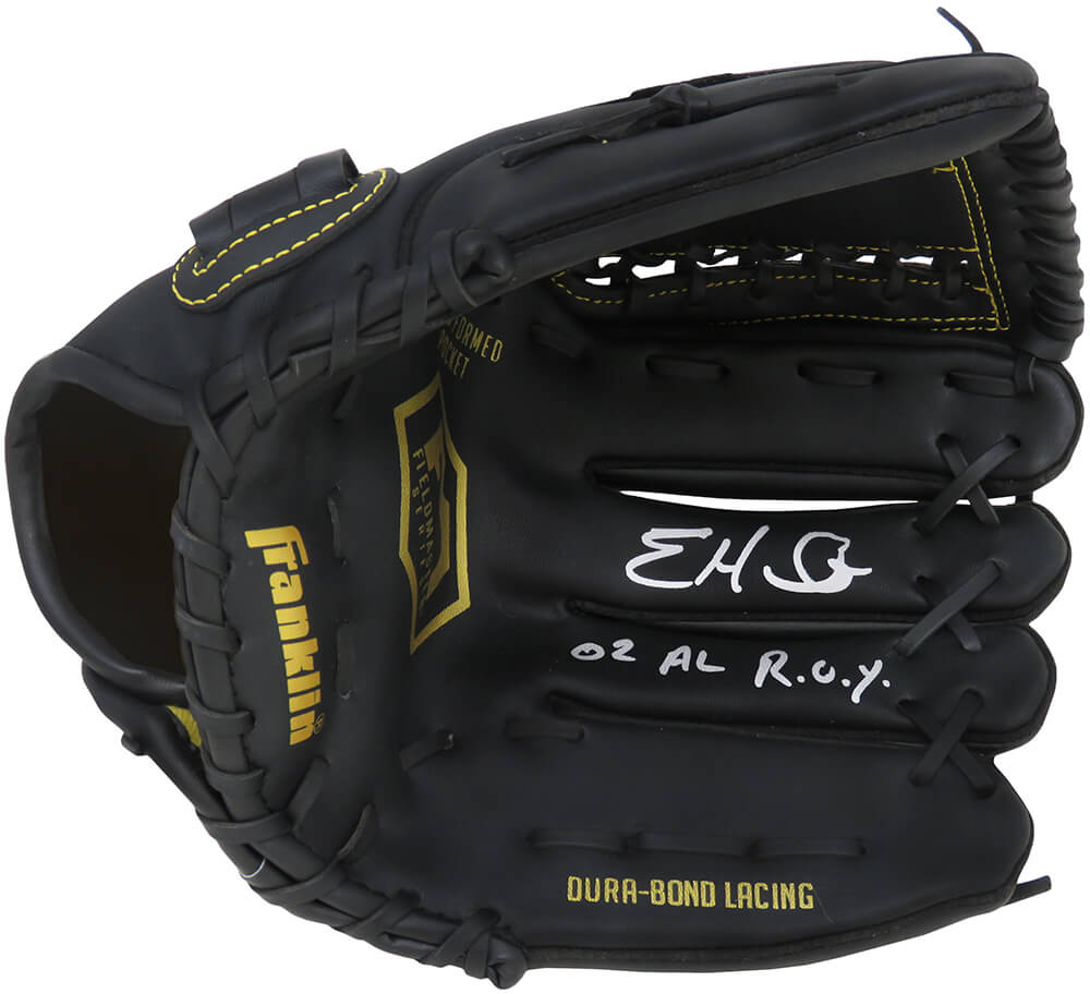 HINGLV100 Eric Hinske Signed Franklin Black Baseball Fielders MLB Glove with 02 AL Roy Inscription