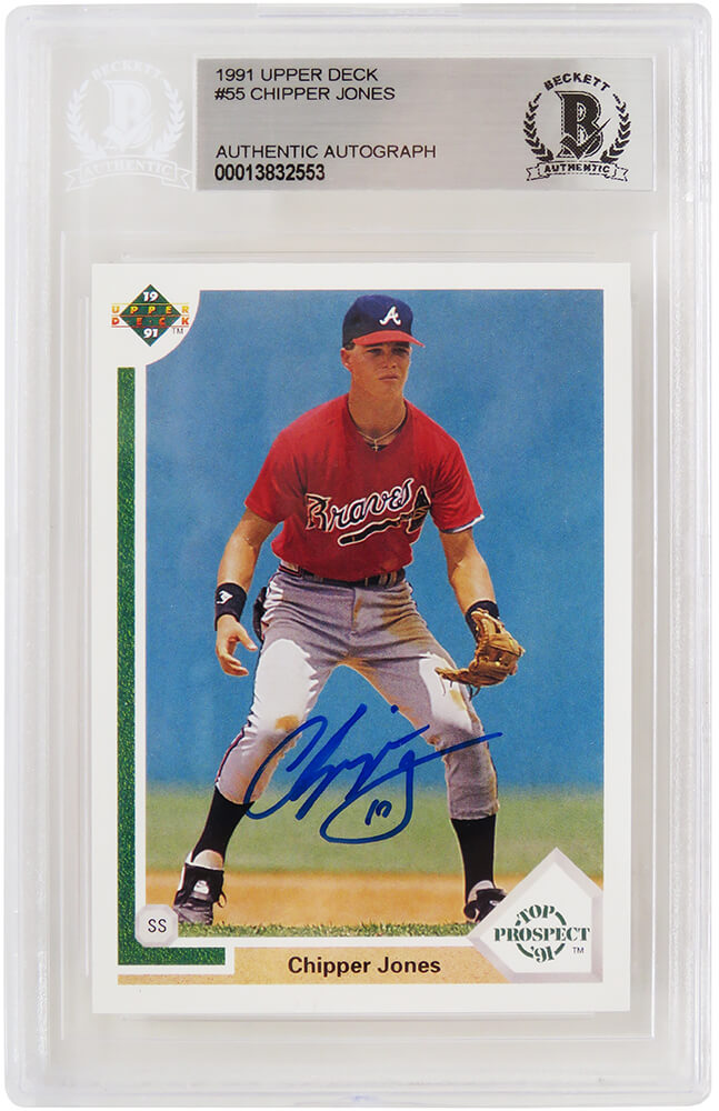 JONCAR103 Chipper Jones Signed Atlanta Braves 1991 Upper Deck Rookie MLB Baseball Card with No.55 Beckett Encapsulated