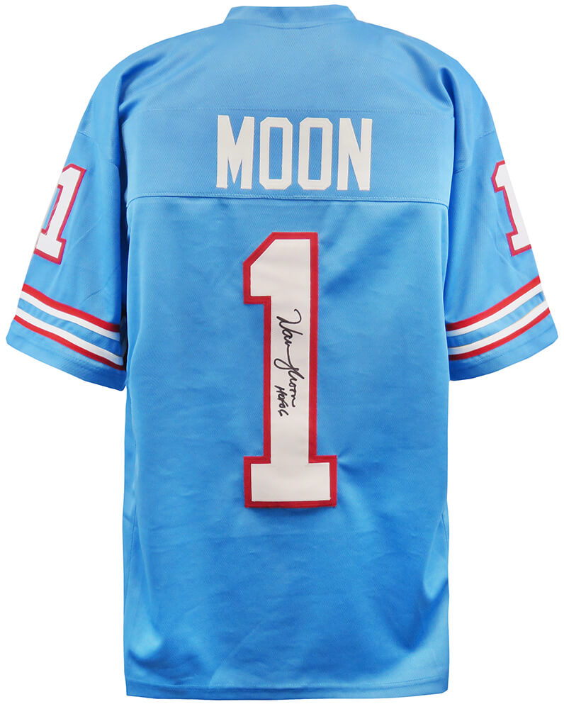 Picture of Schwartz Sports Memorabilia MOOJRY301 Warren Moon Signed Blue Throwback Custom NFL Football Jersey with HOF 06 Inscription
