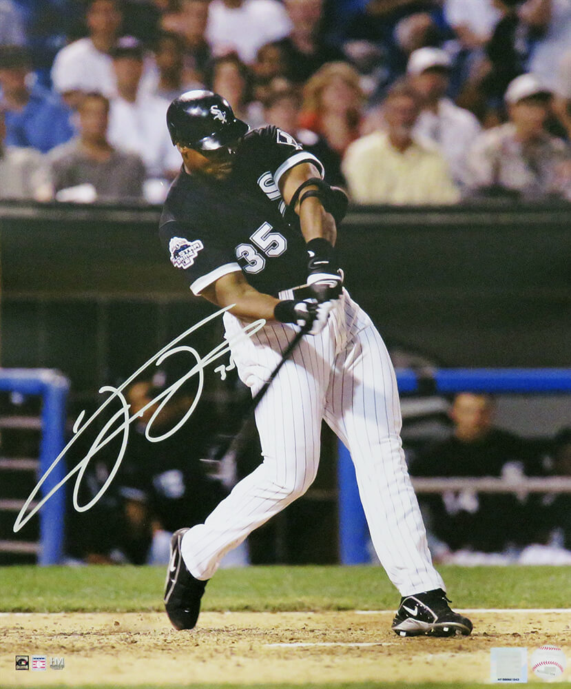 THO16P111 16 x 20 in. Frank Thomas Signed Chicago White Sox Black Jersey Swinging MLB Action Photo