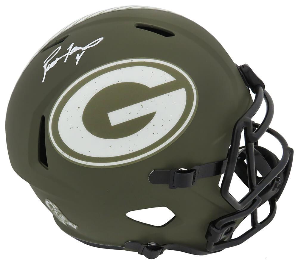 Picture of Schwartz Sports Memorabilia FAVREP314 Brett Favre Signed Green Bay Packers Salute to Service Riddell Full Size Speed Replica Helmet