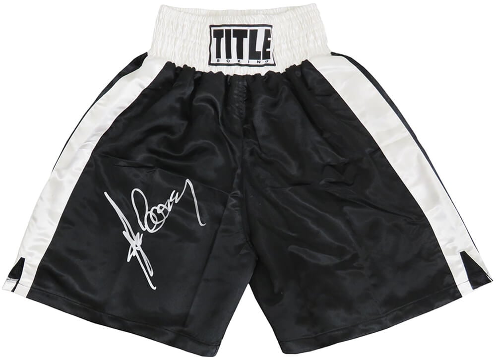 COOTRU502 Gerry Cooney Signed Title Black & White Trim Boxing Trunks