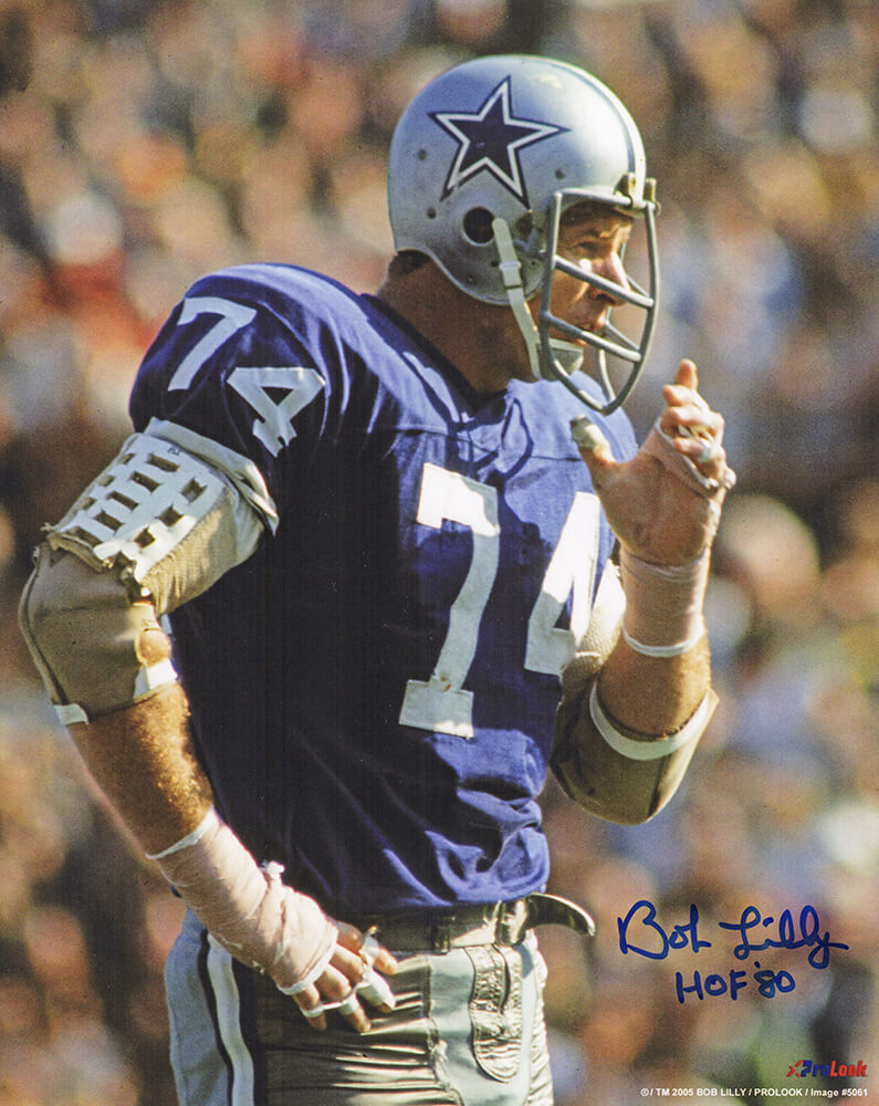 LIL08P306 8 x 10 in. Bob Lilly Signed Cowboys Navy Jersey Close Up Action Photo with HOF 1980 Inscription -  Schwartz Sports Memorabilia