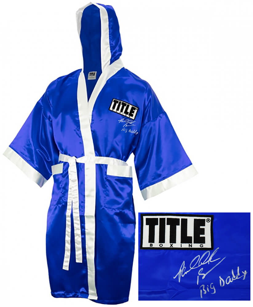 BOWROB502 Riddick Bowe Signed Title Blue Boxing Robe with Big Daddy Inscription