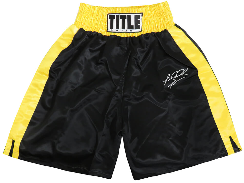 BOWTRU503 Riddick Bowe Signed Title Black & Gold Trim Boxing Trunks