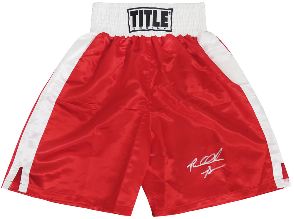 BOWTRU504 Riddick Bowe Signed Title Red & White Trim Boxing Trunks