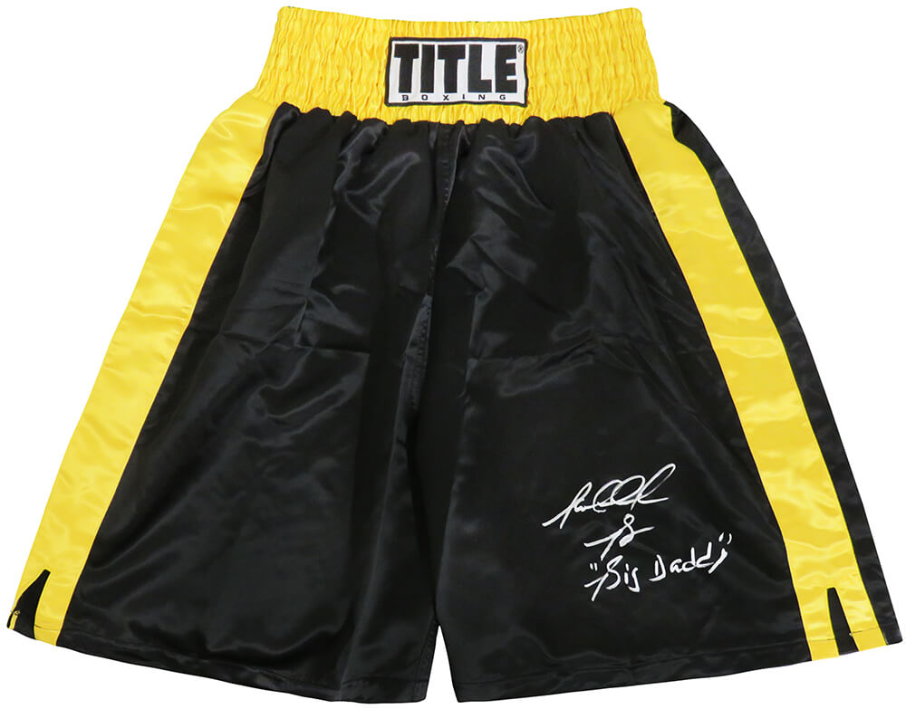BOWTRU505 Riddick Bowe Signed Title Trim Boxing Trunks with Big Daddy, Black & Gold