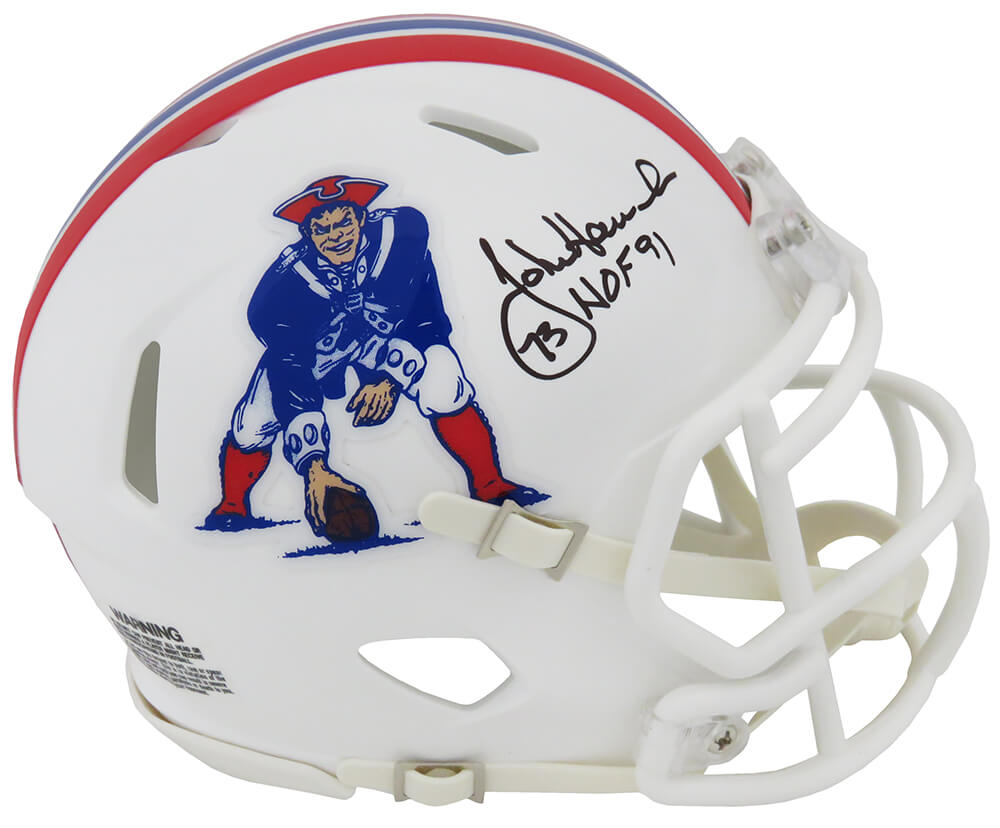 Picture of Schwartz Sports Memorabilia HANMIN310 John Hannah Signed New England Patriots Throwback Riddell Speed Mini Helmet with HOF 1991 Inscription
