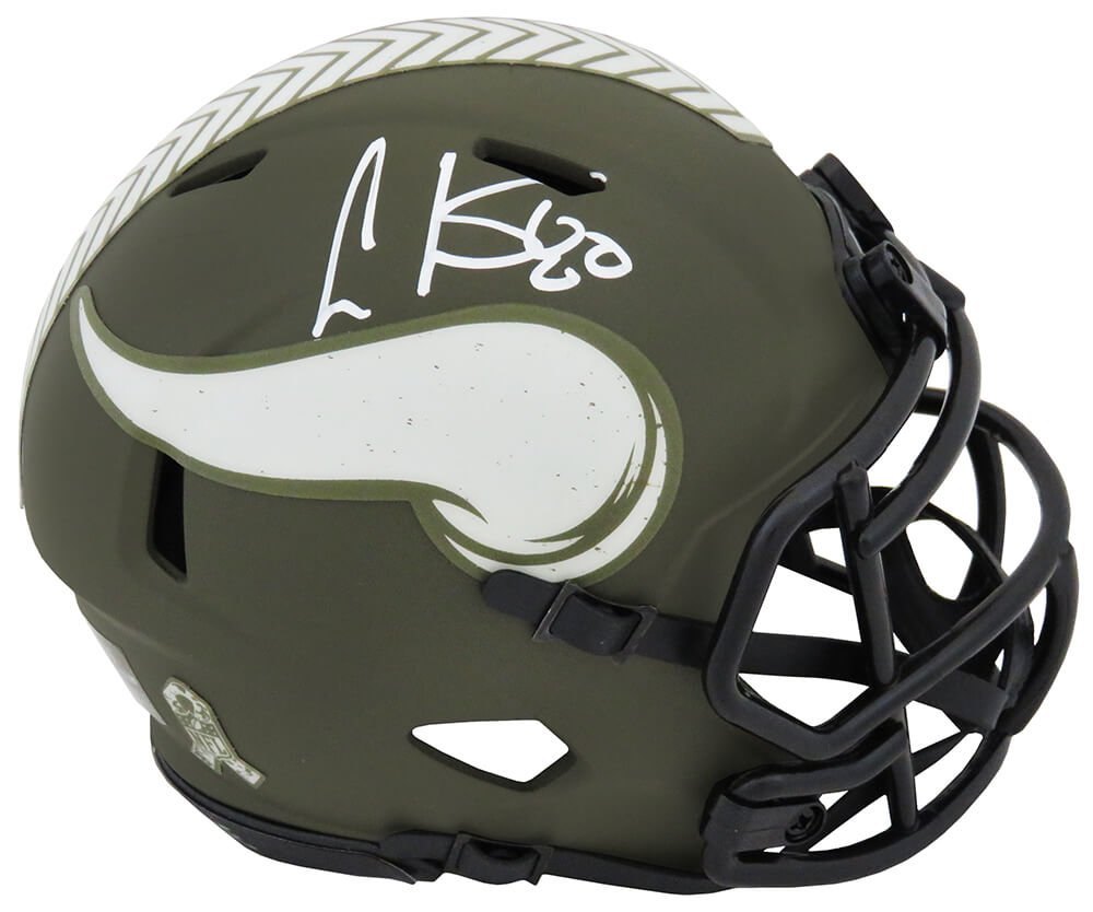 Picture of Schwartz Sports Memorabilia CARMIN318 Cris Carter Signed Minnesota Vikings Salute to Service Riddell Speed Mini Helmet