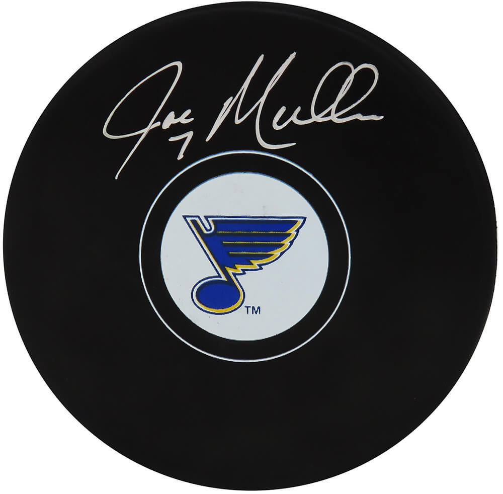 MULPUC400 Joe Mullen Signed St Louis Blue Logo Hockey Puck
