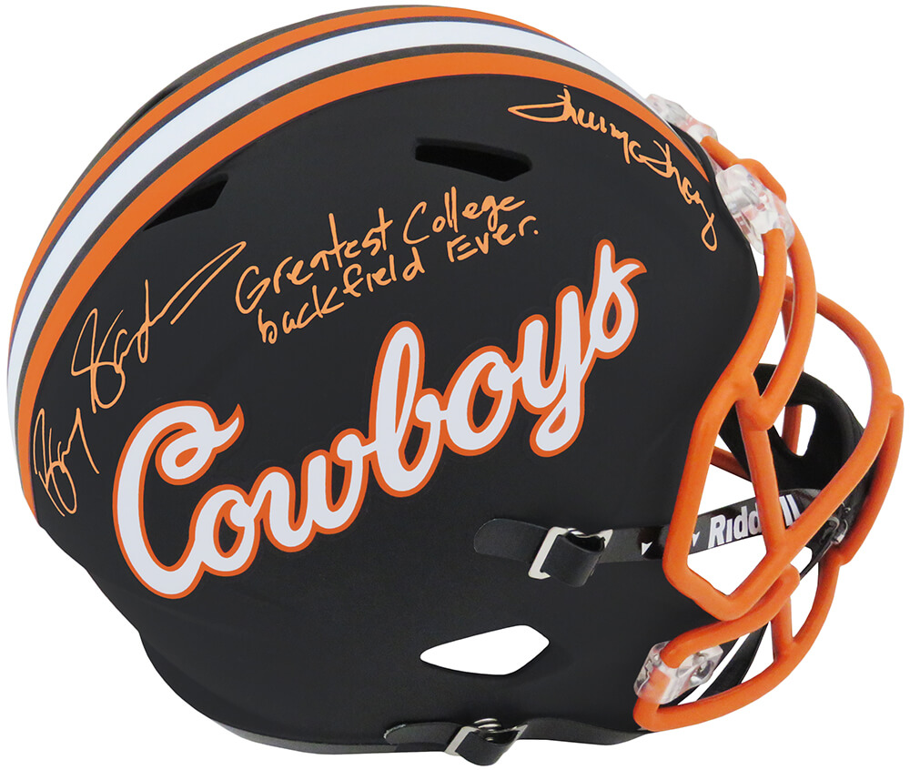 SANREP355 Barry Sanders & Thurman Thomas Signed Oklahoma State Black Riddell Full Size Replica Helmet with Greatest College Back Field Ever